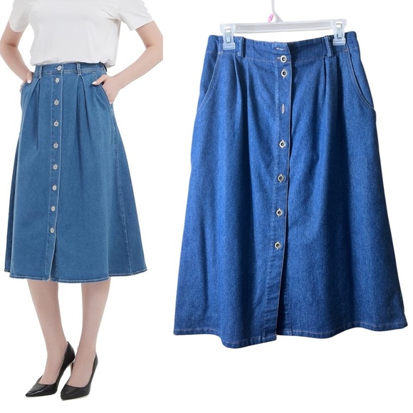 Vintage KORET CITY BLUES A Line MIDI Denim Button Front Skirt Size 14 Soft Girl - Picture 1 of 9